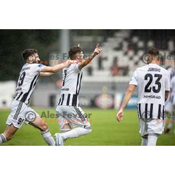 Dardan Shabanhaxhaj and Emir Saitoski celebrating during Prva liga Telemach football match between Mura and Domzale in Fazanerija, Murska Sobota, Slovenia on July 22, 2023. Photo: Jure Banfi
