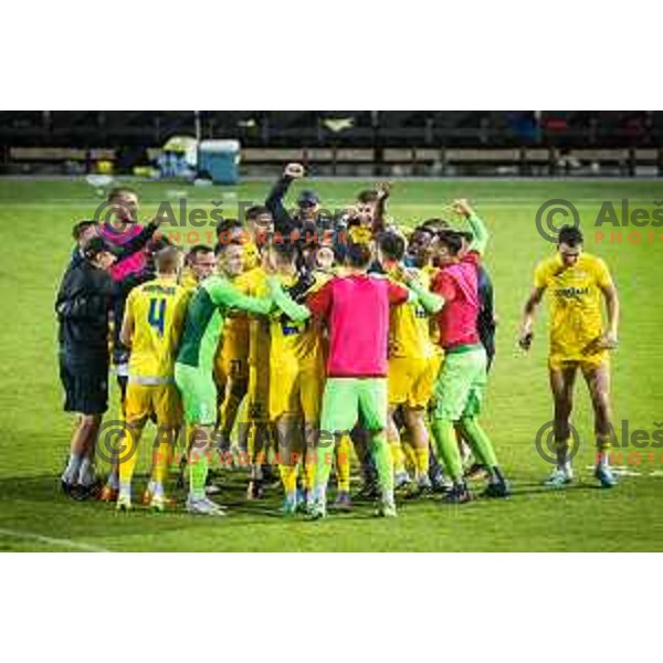 Players of Domzale celebrating after Prva liga Telemach football match between Mura and Domzale in Fazanerija, Murska Sobota, Slovenia on July 22, 2023. Photo: Jure Banfi