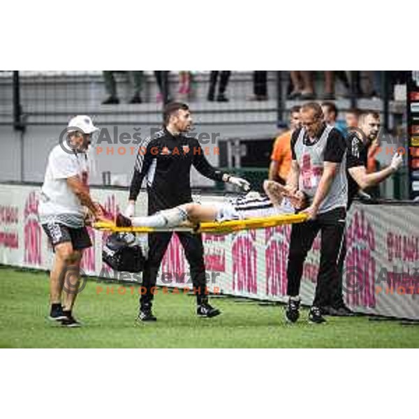 Kai Cipot injured during Prva liga Telemach football match between Mura and Domzale in Fazanerija, Murska Sobota, Slovenia on July 22, 2023. Photo: Jure Banfi