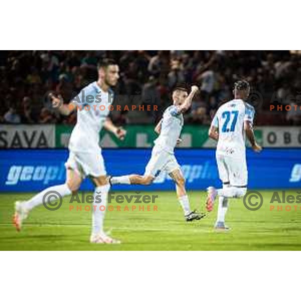 Luka Bobicanec celebrating during Prva liga Telemach football match between Aluminij and Celje in Kidricevo, Slovenia on July 23, 2023. Photo: Jure Banfi