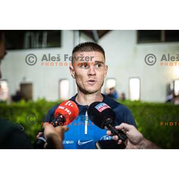 Luka Bobicanec at the press conference after Prva liga Telemach football match between Aluminij and Celje in Kidricevo, Slovenia on July 23, 2023. Photo: Jure Banfi