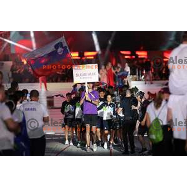 Zan Ogrinc and Marusa Tereza Serkezi, flag bearers for Team Slovenia at Opening Ceremony of EYOF 2023 in Maribor, Slovenia on July 23, 2023