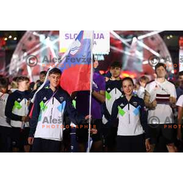 Zan Ogrinc and Marusa Tereza Serkezi, flag bearers for Team Slovenia at Opening Ceremony of EYOF 2023 in Maribor, Slovenia on July 23, 2023