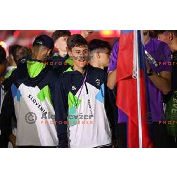 Zan Ogrinc and Marusa Tereza Serkezi, flag bearers for Team Slovenia at Opening Ceremony of EYOF 2023 in Maribor, Slovenia on July 23, 2023