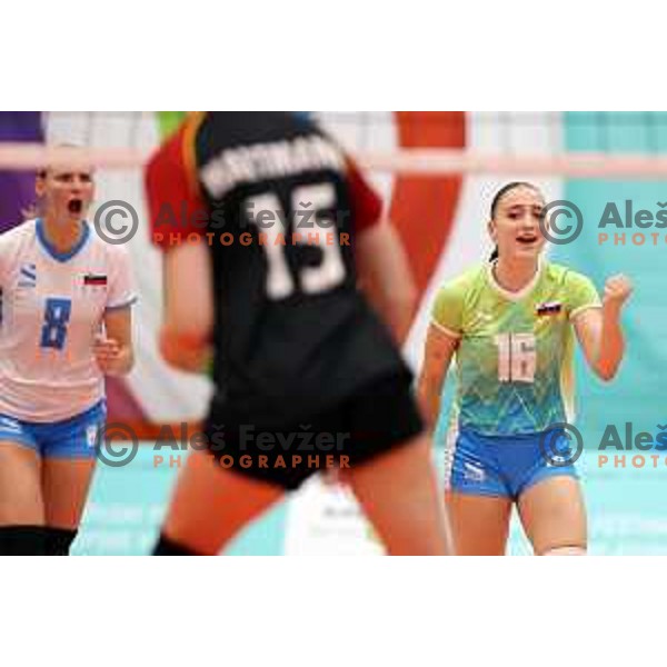 In action during Girls Volleyball tournament group stage match between Slovenia and Germany at EYOF 2023 in Maribor, Slovenia on July 24, 2023