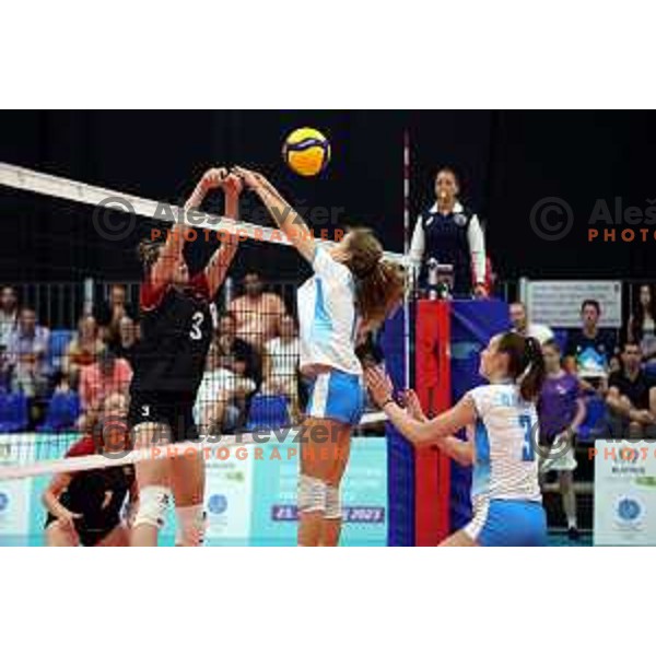 In action during Girls Volleyball tournament group stage match between Slovenia and Germany at EYOF 2023 in Maribor, Slovenia on July 24, 2023