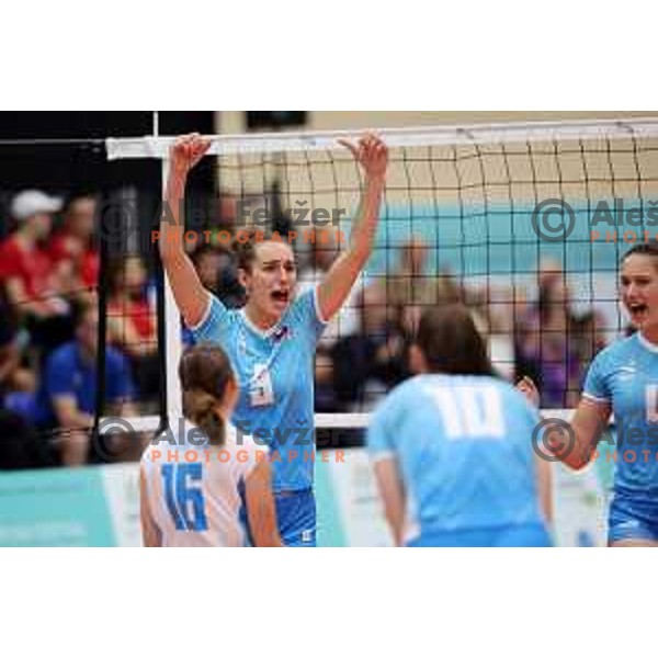 In action during Girls Volleyball tournament group stage match between Slovenia and Croatia at EYOF 2023 in Maribor, Slovenia on July 25, 2023