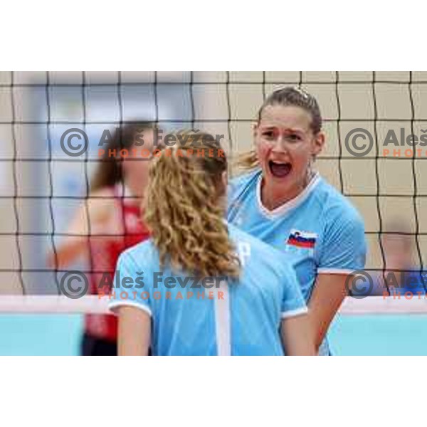 In action during Girls Volleyball tournament group stage match between Slovenia and Croatia at EYOF 2023 in Maribor, Slovenia on July 25, 2023