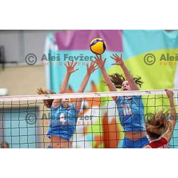 In action during Girls Volleyball tournament group stage match between Slovenia and Croatia at EYOF 2023 in Maribor, Slovenia on July 25, 2023