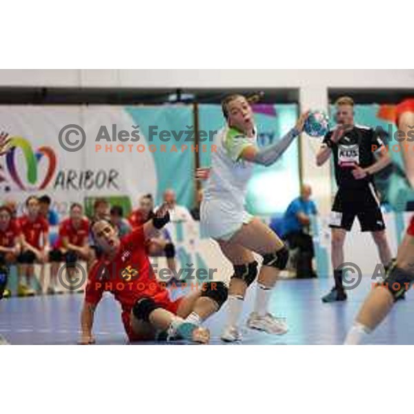In action during Girls Handball tournament group stage match between Slovenia and Romania at EYOF 2023 in Maribor, Slovenia on July 24, 2023