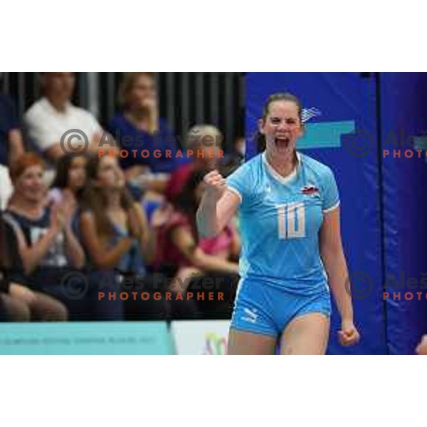 In action during Girls Volleyball tournament group stage match between Slovenia and Croatia at EYOF 2023 in Maribor, Slovenia on July 25, 2023