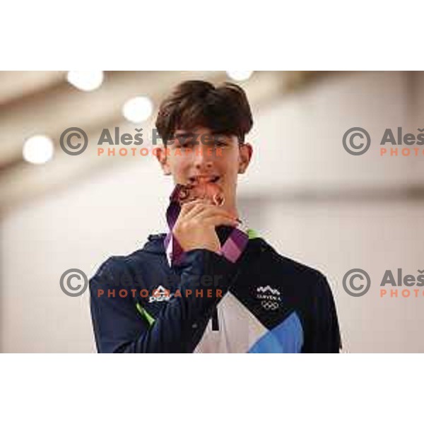 Tom Tersek (SLO) celebrates bronze medal in Javelin Throw in Athletics at EYOF 2023 in Maribor, Slovenia on July 25, 2023. Foto: Filip Barbalic