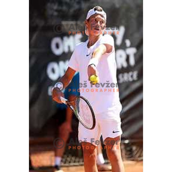 Svit Suljic (SLO) in action during Boys Tennis Tournament at EYOF 2023 in Maribor, Slovenia on July 27, 2023