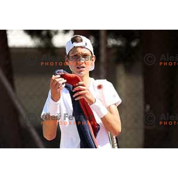 Svit Suljic (SLO) in action during Boys Tennis Tournament at EYOF 2023 in Maribor, Slovenia on July 27, 2023