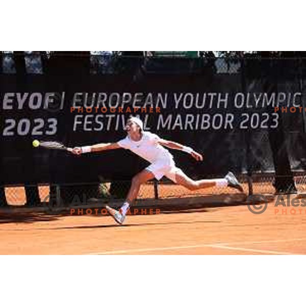 Svit Suljic (SLO) in action during Boys Tennis Tournament at EYOF 2023 in Maribor, Slovenia on July 27, 2023