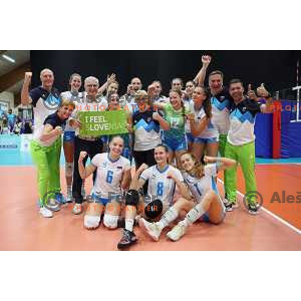 Slovenia team celebrate victory in semi-final of Girls Volleyball Tournament against Hungary at EYOF 2023, Maribor, Slovenia on July 28, 2023