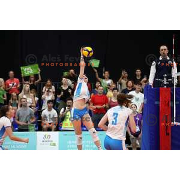 Slovenia team celebrate victory in semi-final of Girls Volleyball Tournament against Hungary at EYOF 2023, Maribor, Slovenia on July 28, 2023