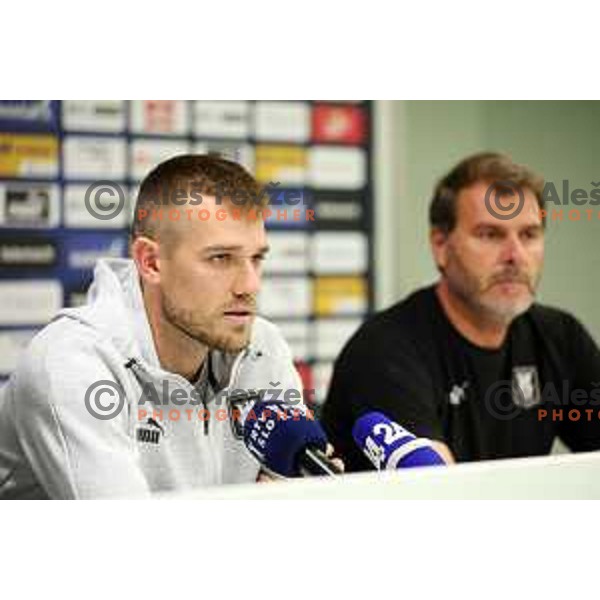 Timi Max Elsnik at press conference after UEFA Champions League 2023-2024 second qualifying round match between Olimpija (SLO) and Ludogortes (BUL) in Ljubljana, Slovenia on August 1, 2023