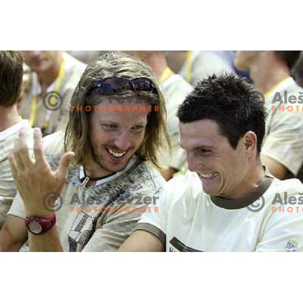 Luka Spik (left) and Peter Kauzer sharing a laugh at press conference in Olympic Village in Beijing, China 6.8.2008 