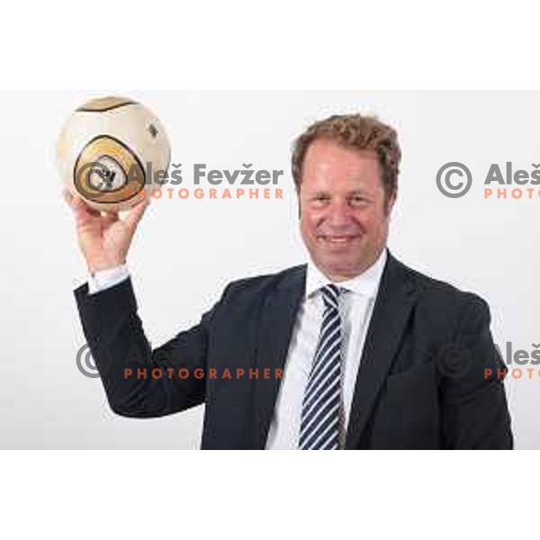 Aleksander Kravanja, newly elected president of International Foot Golf Association (FIFG) during photo shooting in Ljubljana, Slovenia on August 3, 2023