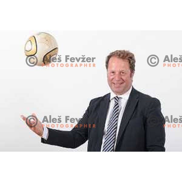 Aleksander Kravanja, newly elected president of International Foot Golf Association (FIFG) during photo shooting in Ljubljana, Slovenia on August 3, 2023