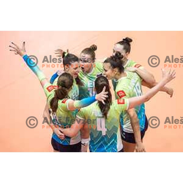 Iza Mlakar, Sara Najdic celebrating during women’s friendly volleyball match between Slovenia and Azerbaijan in Dvorana Tabor, Maribor, Slovenia on August 10, 2023. Photo: Jure Banfi