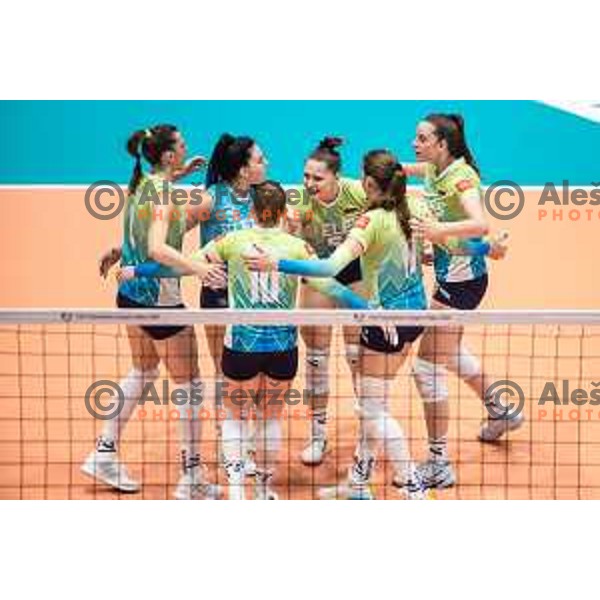 Katja Banko, Lorena Lorber Fijok, Masa Pucelj celebrating during women’s friendly volleyball match between Slovenia and Azerbaijan in Dvorana Tabor, Maribor, Slovenia on August 10, 2023. Photo: Jure Banfi