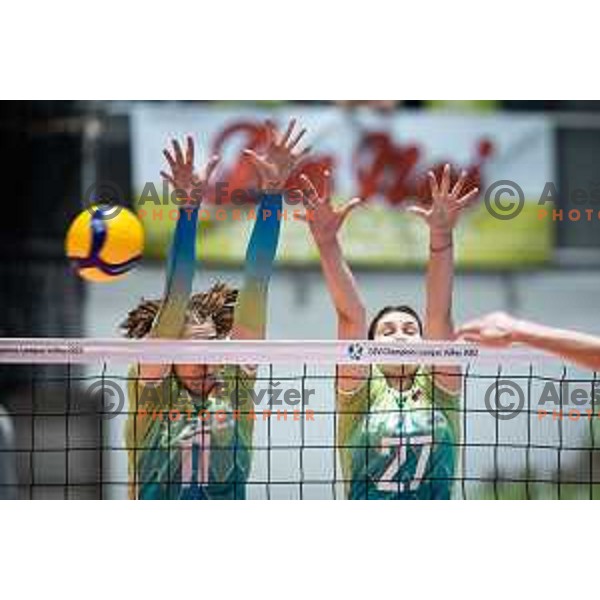 Mirta Grbac Velikonja and Isa Ramic in action during women’s friendly volleyball match between Slovenia and Azerbaijan in Dvorana Tabor, Maribor, Slovenia on August 10, 2023. Photo: Jure Banfi