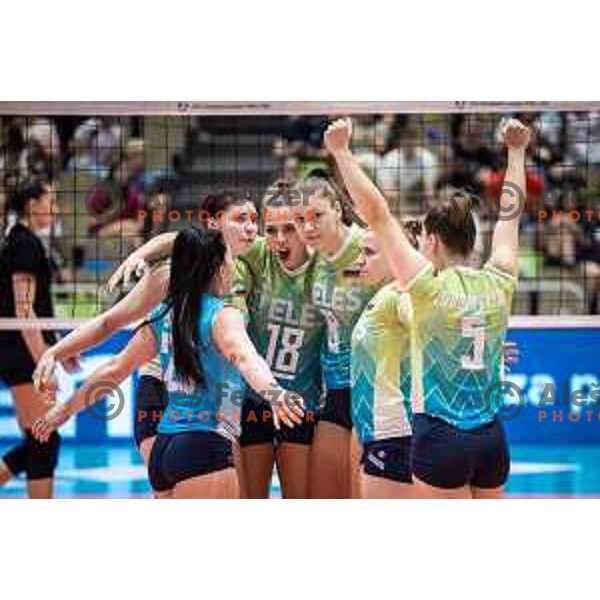 Sasa Planinsec, Eva Zatkovic, Sara Najdic celebrating during women’s friendly volleyball match between Slovenia and Azerbaijan in Dvorana Tabor, Maribor, Slovenia on August 10, 2023. Photo: Jure Banfi