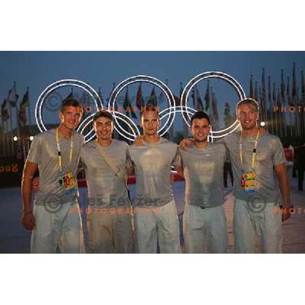 Jurse, Fistravec, Jurse, Zupanc, Kolander - Slovenia Olympic team members at flag ceremony in Olympic Village in Beijing, China 7.8.2008. 