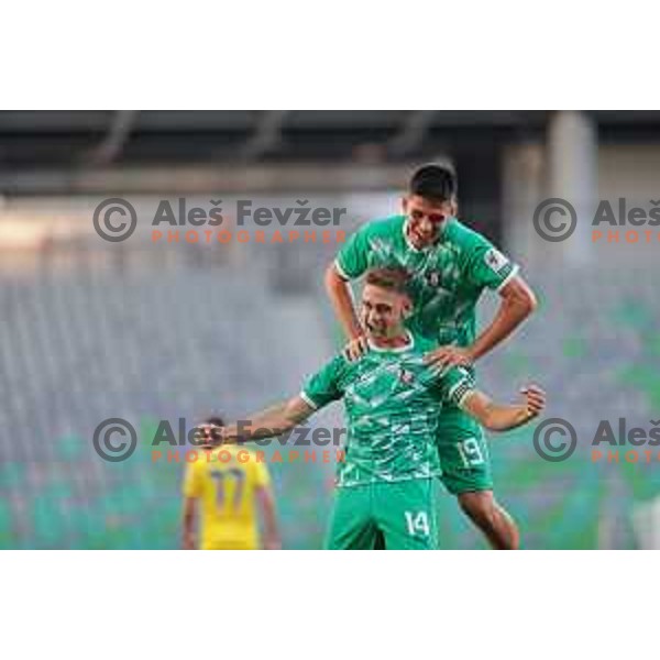 Marcel Ratnik and Svit Seslar celebrate a goal during Prva liga Telemach 2023/2024 football match between Olimpija and Domzale in Ljubljana, Slovenia on August 12, 2023