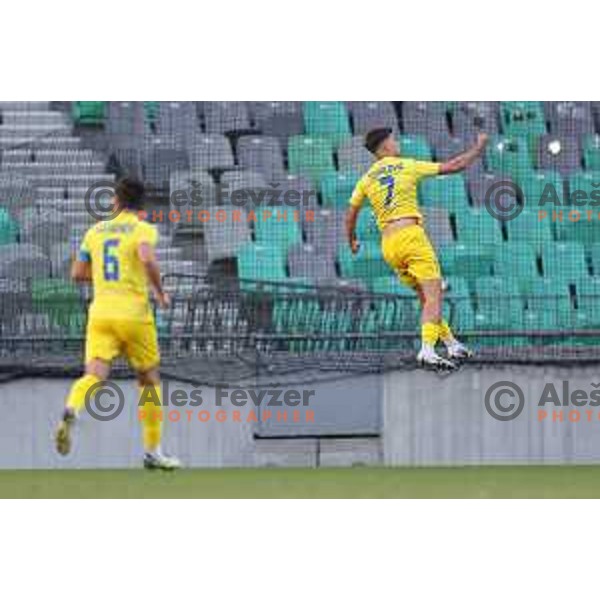 Luka Topalovic and players of Domzale celebrate goal during Prva liga Telemach 2023/2024 football match between Olimpija and Domzale in Ljubljana, Slovenia on August 12, 2023