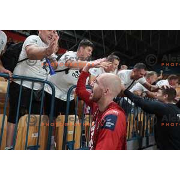 Aljosa Cudic in action during 1.NLB Liga handball match between RK Pivovarna Lasko and Trimo Trebnje in Zlatorog Arena, Celje, Slovenia on September 9, 2023