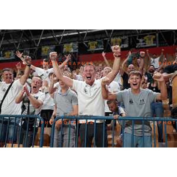 Fans of Trimo Trebnje celebrate victory during 1.NLB Liga handball match between RK Pivovarna Lasko and Trimo Trebnje in Zlatorog Arena, Celje, Slovenia on September 9, 2023