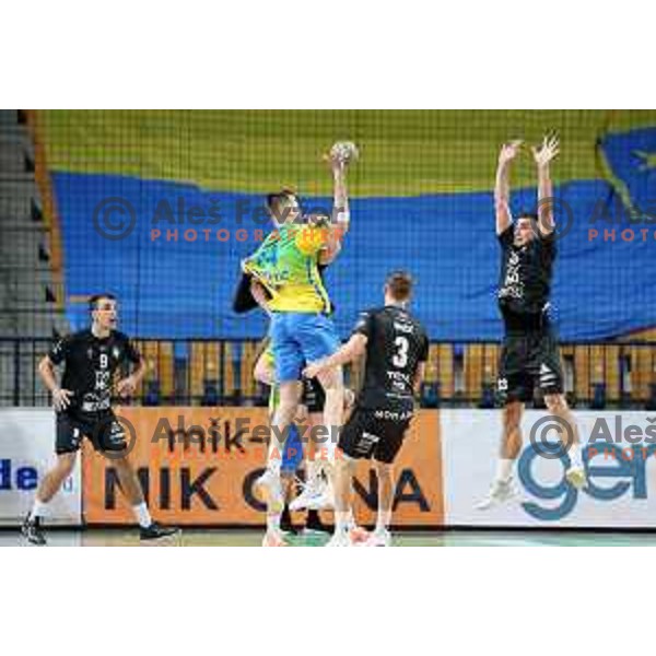 In action during 1.NLB Liga handball match between RK Pivovarna Lasko and Trimo Trebnje in Zlatorog Arena, Celje, Slovenia on September 9, 2023