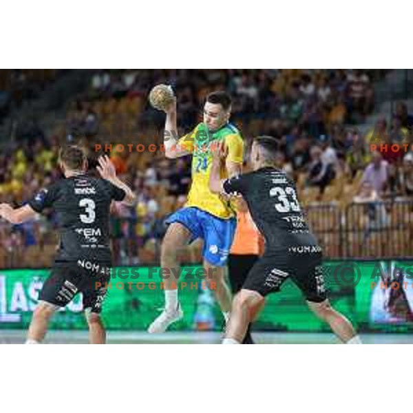 Uros Milicevic in action during 1.NLB Liga handball match between RK Pivovarna Lasko and Trimo Trebnje in Zlatorog Arena, Celje, Slovenia on September 9, 2023