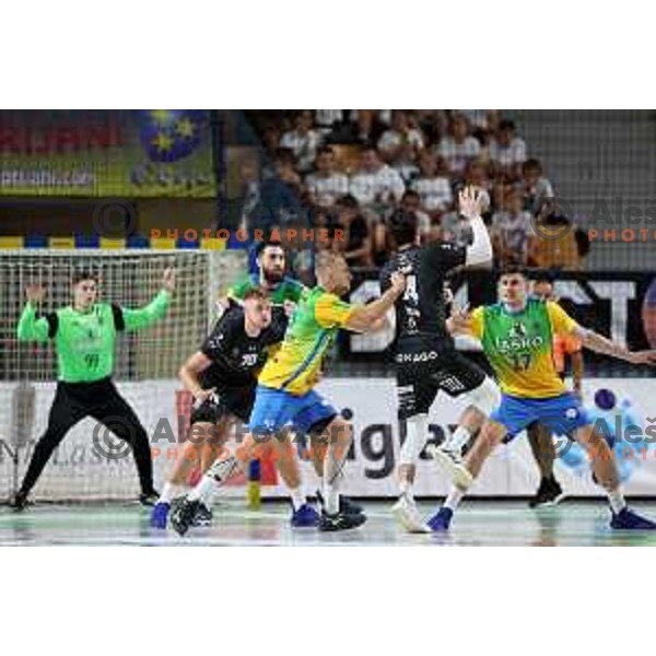 Ziga Mlakar during 1.NLB Liga handball match between RK Pivovarna Lasko and Trimo Trebnje in Zlatorog Arena, Celje, Slovenia on September 9, 2023