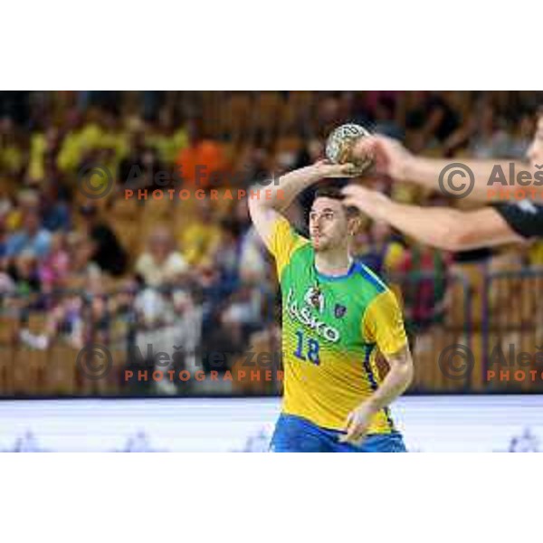 Mitja Janc in action during 1.NLB Liga handball match between RK Pivovarna Lasko and Trimo Trebnje in Zlatorog Arena, Celje, Slovenia on September 9, 2023