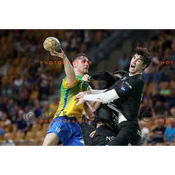 Mitja Janc and Vid Miklavec in action during 1.NLB Liga handball match between RK Pivovarna Lasko and Trimo Trebnje in Zlatorog Arena, Celje, Slovenia on September 9, 2023