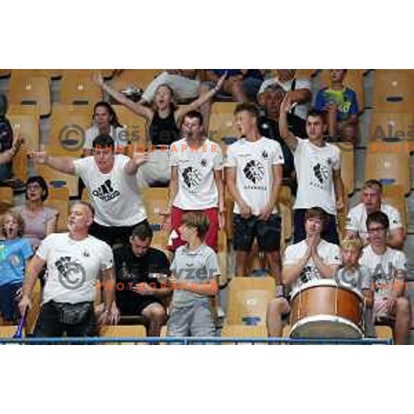 Fans of Trimo Trebnje celebrate victory during 1.NLB Liga handball match between RK Pivovarna Lasko and Trimo Trebnje in Zlatorog Arena, Celje, Slovenia on September 9, 2023