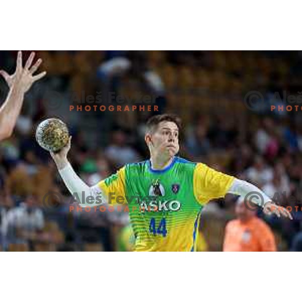 Vukasin Antonijevic in action during 1.NLB Liga handball match between RK Pivovarna Lasko and Trimo Trebnje in Zlatorog Arena, Celje, Slovenia on September 9, 2023