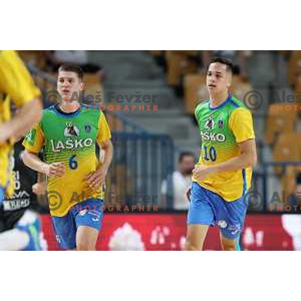 Tadej Mazej and Tim Cokan in action during 1.NLB Liga handball match between RK Pivovarna Lasko and Trimo Trebnje in Zlatorog Arena, Celje, Slovenia on September 9, 2023