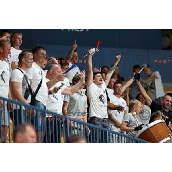 Fans of Trimo Trebnje celebrate victory during 1.NLB Liga handball match between RK Pivovarna Lasko and Trimo Trebnje in Zlatorog Arena, Celje, Slovenia on September 9, 2023