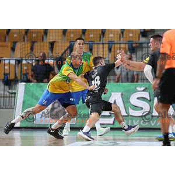 Ziga Mlakar and Marko Kotar in action during 1.NLB Liga handball match between RK Pivovarna Lasko and Trimo Trebnje in Zlatorog Arena, Celje, Slovenia on September 9, 2023