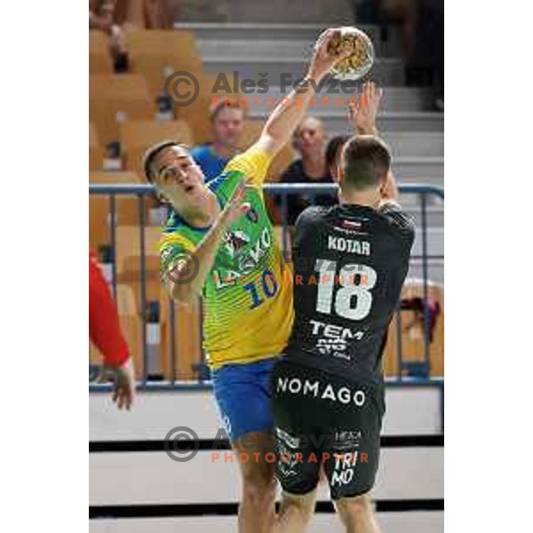 Tim Cokan in action during 1.NLB Liga handball match between RK Pivovarna Lasko and Trimo Trebnje in Zlatorog Arena, Celje, Slovenia on September 9, 2023