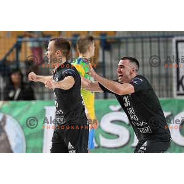 Marko Kotar and Lan Grbic celebrate victory at 1.NLB Liga handball match between RK Pivovarna Lasko and Trimo Trebnje in Zlatorog Arena, Celje, Slovenia on September 9, 2023