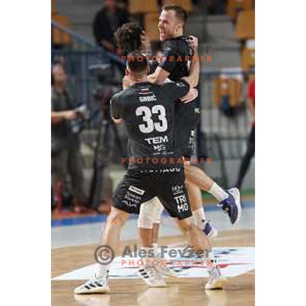 Marko Kotar and Lan Grbic celebrate victory at 1.NLB Liga handball match between RK Pivovarna Lasko and Trimo Trebnje in Zlatorog Arena, Celje, Slovenia on September 9, 2023