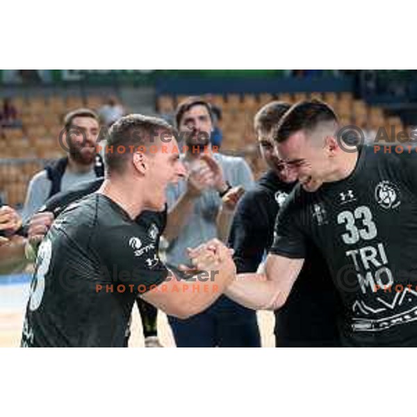 Uros Udovic and Lan Grbic in action during 1.NLB Liga handball match between RK Pivovarna Lasko and Trimo Trebnje in Zlatorog Arena, Celje, Slovenia on September 9, 2023