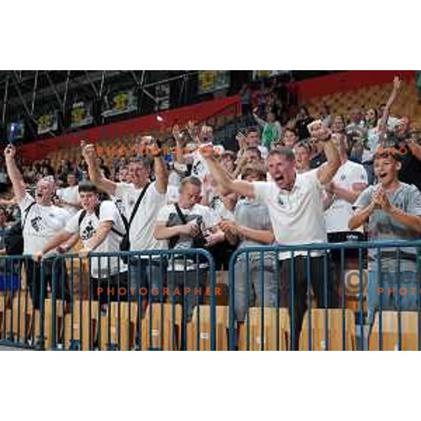 Fans of Trimo Trebnje celebrate victory during 1.NLB Liga handball match between RK Pivovarna Lasko and Trimo Trebnje in Zlatorog Arena, Celje, Slovenia on September 9, 2023