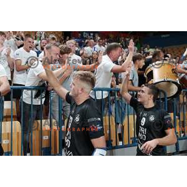 Fans of Trimo Trebnje celebrate victory during 1.NLB Liga handball match between RK Pivovarna Lasko and Trimo Trebnje in Zlatorog Arena, Celje, Slovenia on September 9, 2023